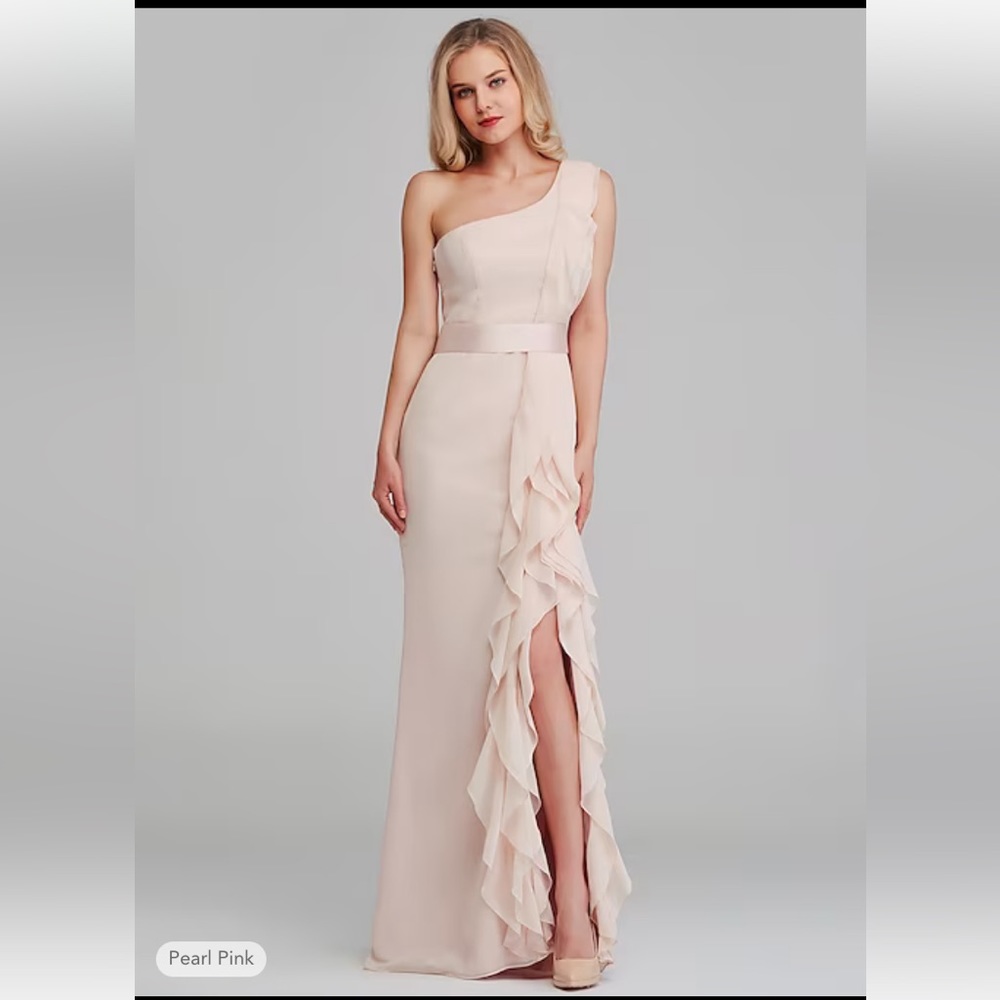 White Vera Wang Blush Pink Ruffle One Shoulder Slit Bridesmaid Dress — SIZE 0
